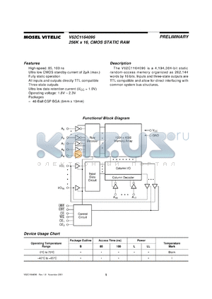 V62C1164096L85B datasheet - 256K x 16 CMOS static RAM