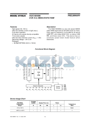 V62C1804096L-85TI datasheet - 512K x 8 CMOS static RAM