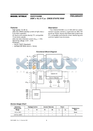 V62C2164096LL-85BI datasheet - 256K x 16 CMOS static RAM