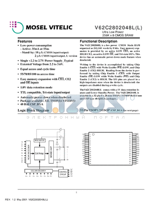 V62C2802048L-85V datasheet - Ultra low power 256K x 8 CMOS static RAM