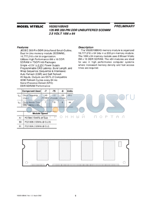 V826516B04SXTG-B1 datasheet - 128MB DDR unbuffered SODIMM 2.5V 16M x 64