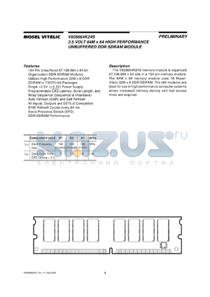 V826664K24SXTG-B0 datasheet - 2.5V 64M x 64 high performance unbuffered DDR SDRAM module