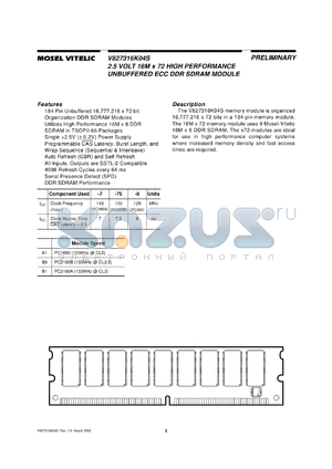 V827316K04SXTG-A1 datasheet - 2.5V 16M x 72 high performance unbuffered ECC DDR SDRAM module