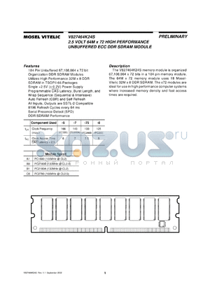 V827464K24SXTG-C0 datasheet - 2.5V 64M x 72 high performance unbuffered ECC DDR SDRAM module