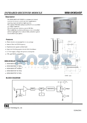 MIM-0KM3DSF datasheet - Infrared receiver module, TTL and CMOS compatibility, 36.7KHz