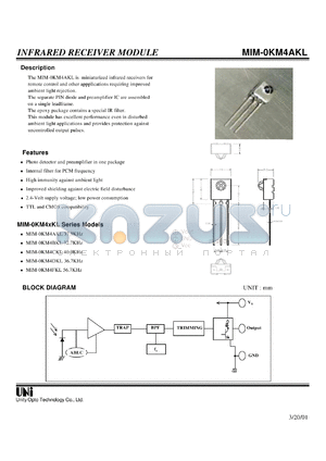 MIM-0KM4BKL datasheet - Infrared receiver module, TTL and CMOS compatibility, 32.7KHz