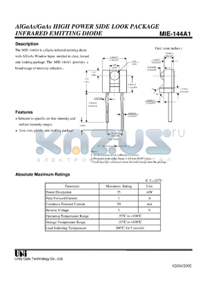 MIE-144A1 datasheet - AlGaAs infrared emitting diode