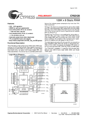 CY62128 datasheet - 128K x 8 static RAM, standby current 10mA, 55ns