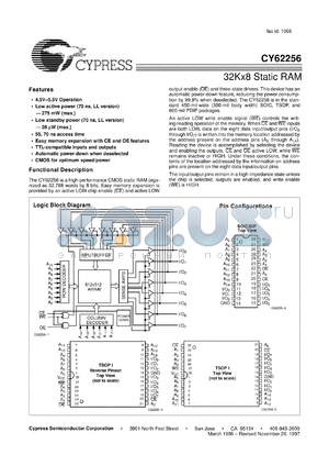 CY62256 datasheet - 32K x 8 static RAM, 70ns