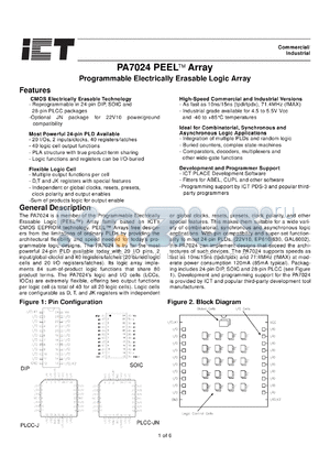 PA7024PI-15 datasheet - 15ns programmable electrically erasable logic array