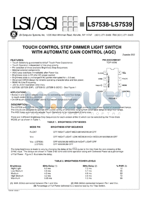 LS7539-S datasheet - Touch conrol step dimmer light switch with automatic gain control (AGC)