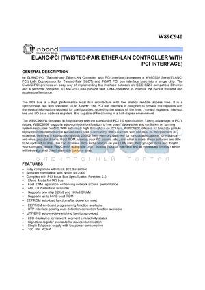 W89C940F datasheet - ELANC-PCI (twisted-pair ether-LAN controller with PCI interface)