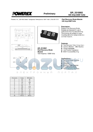 QRC3310002 datasheet - 3300V, 100A fast recovery common cathode diode