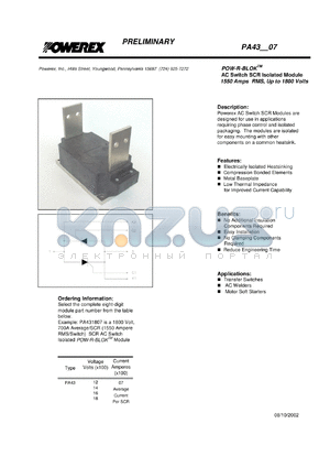 PA431007 datasheet - 1000V, 700A phase control ac switch thyristor