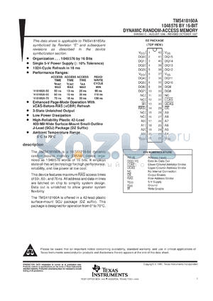 TMS418160A-50DZ datasheet - 1048576 by 16 bit dynamic random-access memory, single 5-V power supply, 1024-cycle refresh in 16 ms, 50 ns