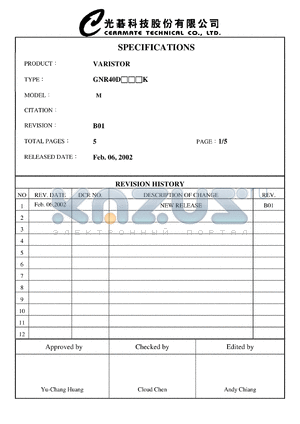 GNR40D511K datasheet - Varistor. Max allowable voltage: ACrms=320V, DC=415V. Varistor voltage 459-561V.