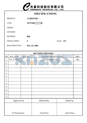 NFV14D431K datasheet - Varistor. Max. allowable voltage: ACrms=275V, DC=350V. Varistor voltage 387-473V