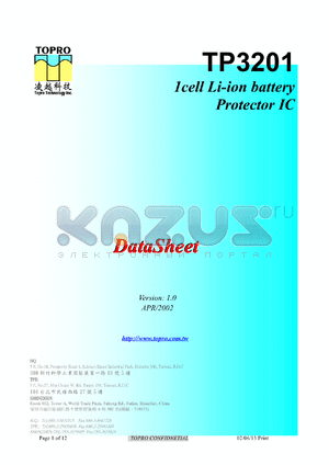 TP3201 datasheet - 1 cell Li-ion battery protector IC
