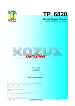 TP6820 datasheet - Digital camera solution (QQVGA/RS232/turn-key solution).