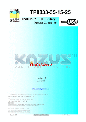 TP8825BP datasheet - USB+PS/2 3D 5key mouse controller. Resolution in z direction=1/4. In USB mode, Button with Motion Wakeup.