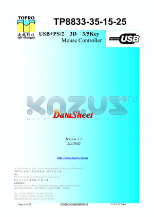 TP8815AP datasheet - USB+PS/2 3D 5key mouse controller. Resolution in z direction=1/2. In USB mode, Button with Motion Wakeup.