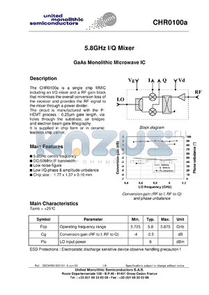 CHR0100A-SJ datasheet - 5.8 GHz I/Q mixer. GaAs monolithic microwave IC.