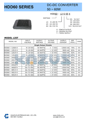 HDD60-24S05-P datasheet - 60 W DC/DC converter,input voltage 18-36 V, output voltage 5 V, output current 12000 mA