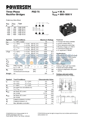 PSD75/14 datasheet - 1400 V three phase rectifier bridge