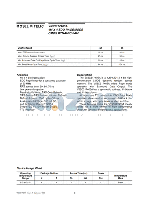 V53C317405A-60K datasheet - 4M x 4 bit EDO page mode CMOS DRAM, 60ns, 3.3V