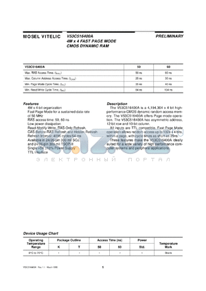 V53C516400A-50K datasheet - 4M x 4 bit fast page mode CMOS DRAM, 50ns, TTL interface