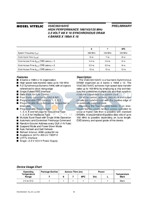 V54C365164VC-8PCT datasheet - High performance 125 MHz 3.3 Volt 4M x 16 synchronous DRAM, 8ns