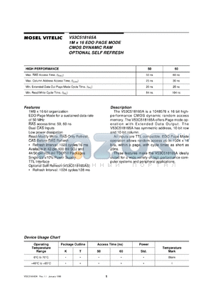 V53C518165AK-50 datasheet - 1M x 16 EDO page mode CMOS DRAM optional self refresh, 50ns