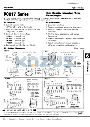 PC837BC datasheet - 3-channel, high density mounting type photocoupler, CRT=130-400%
