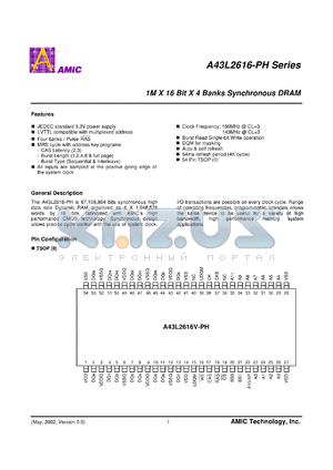 A43L2616V-6PH datasheet - Cycle time:6ns; 166MHz CL=3 access time:5.0ns 1M x 16bit x 4banks synchronous DRAM