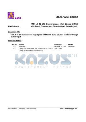 A63L73321E-10 datasheet - 10ns 128K x 32bit synchronous high speed SRAM