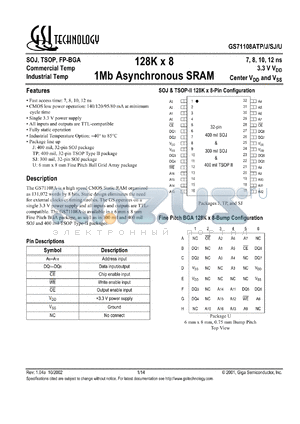 GS71108AJ-15I datasheet - 15ns 128K x 8 1Mb asynchronous SRAM