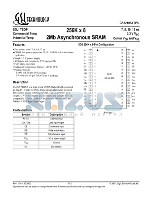 GS72108ATP-15I datasheet - 15ns 256K x 8 2Mb asynchronous SRAM