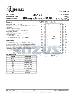 GS72108AJ-15I datasheet - 15ns 256K x 8 2Mb asynchronous SRAM