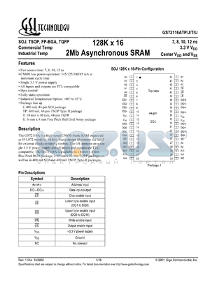 GS72116AU-15I datasheet - 15ns 128K x 16 2Mb asynchronous SRAM