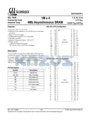 GS74104ATP-15 datasheet - 15ns 1M x 4 4Mb asynchronous SRAM