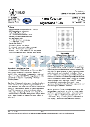 GS818DV18D-250 datasheet - 250MHz 1M x 18 18MB sigmaQuad SRAM