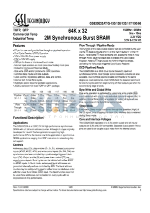 GS820E32AQ-5I datasheet - 100MHz 12ns 64K x 32 2M synchronous burst SRAM