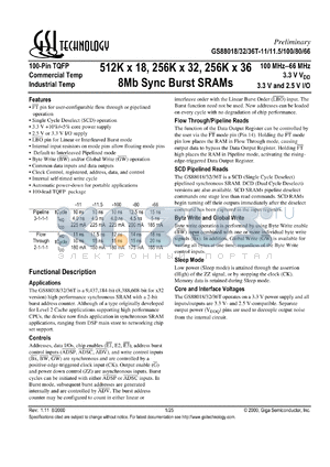 GS88018T-11.5I datasheet - 100MHz 11.5ns 512K x 18 8Mb synchronous burst SRAM