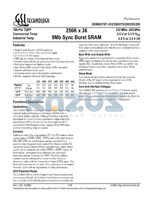 GS88037BT-150 datasheet - 150MHz 256K x 36 9Mb sync burst SRAM