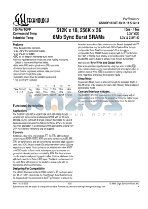 GS880F32T-10.5I datasheet - 10.5ns 256K x 32 8Mb sync burst SRAM