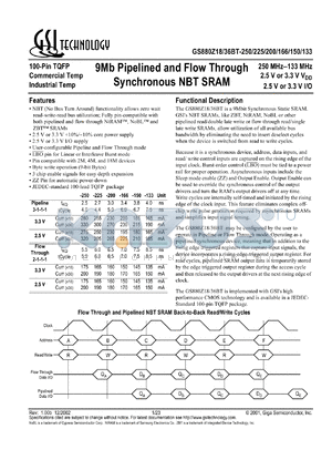 GS880Z18BT-225 datasheet - 225MHz 6ns 512K x 18 9Mb pipelined and flow through sync NBT SRAM