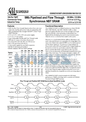 GS880Z18BT-225I datasheet - 225MHz 6ns 512K x 18 9Mb pipelined and flow through sync NBT SRAM
