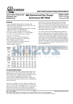 GS881Z18BT-166I datasheet - 166MHz 7ns 512K x 18 9Mb pupelined and flow through sync NBT SRAM