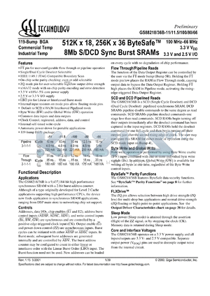 GS88218B-11 datasheet - 100MHz 11ns 514K x 18 8Mb S/DCD sync burst SRAM