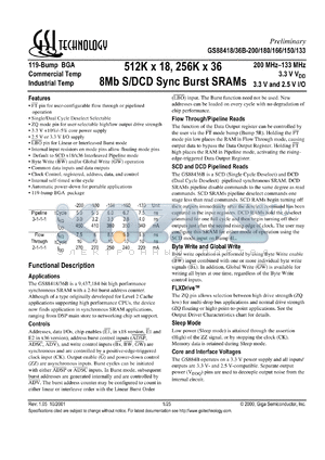 GS88436B-200I datasheet - 200MHz 7.5ns 256K x 36 8Mb S/DCD sync burst SRAM